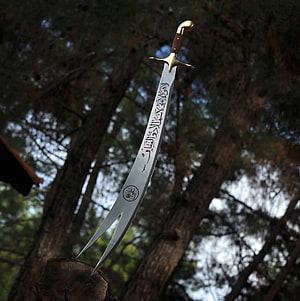 Zulfikar Sword with Arabic Calligraphy Engraved on Blade Set Against Forest Background HD phone wallpaper