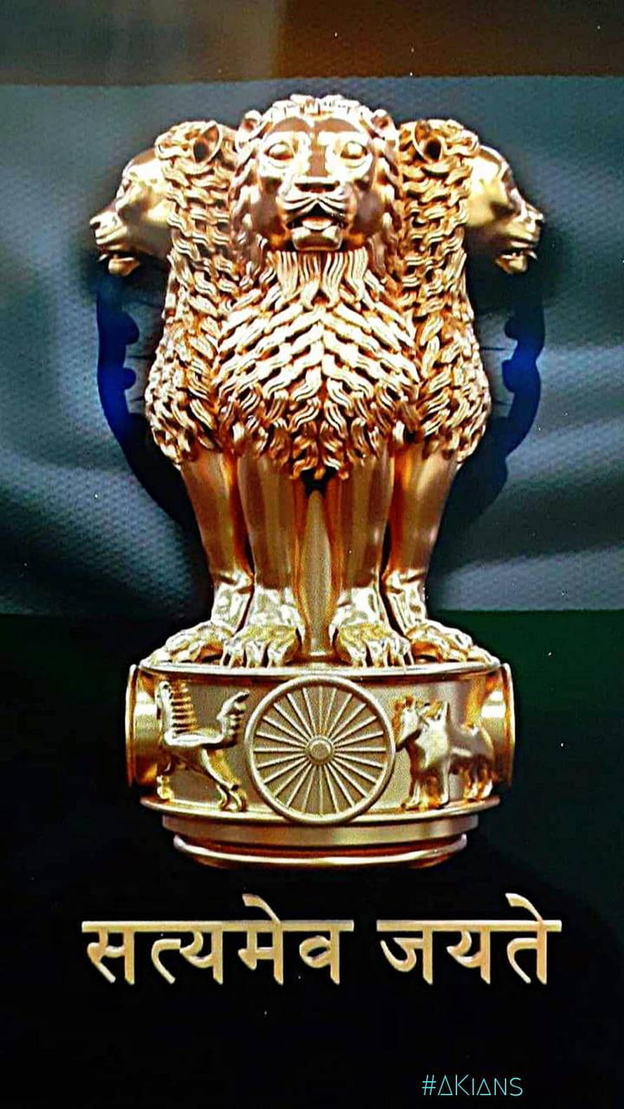 Golden National Emblem of India featuring three lions and the motto Satyameva Jayate on a dark background HD phone wallpaper