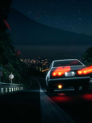 Initial D Fujiwara Takumi AE86 Night Drive on Mountain Road with City Lights HD phone wallpaper