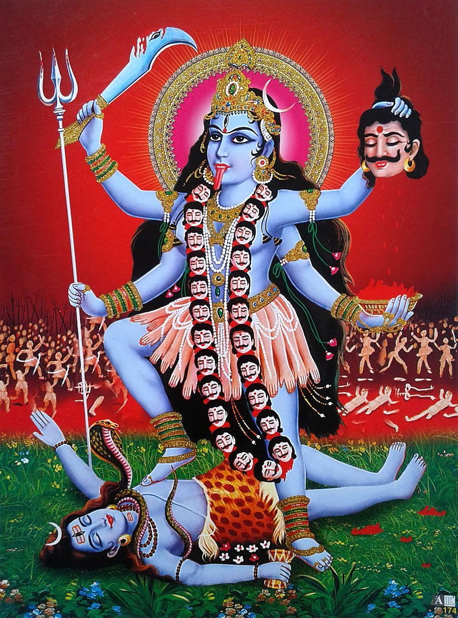 Lord Shiva as Kalabhairava holding severed head of Brahma with trident and skull garland HD phone wallpaper