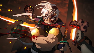 Tengen Uzui and Tanjiro Kamado Battle Demon in Demon Slayer Anime Scene HD wallpaper