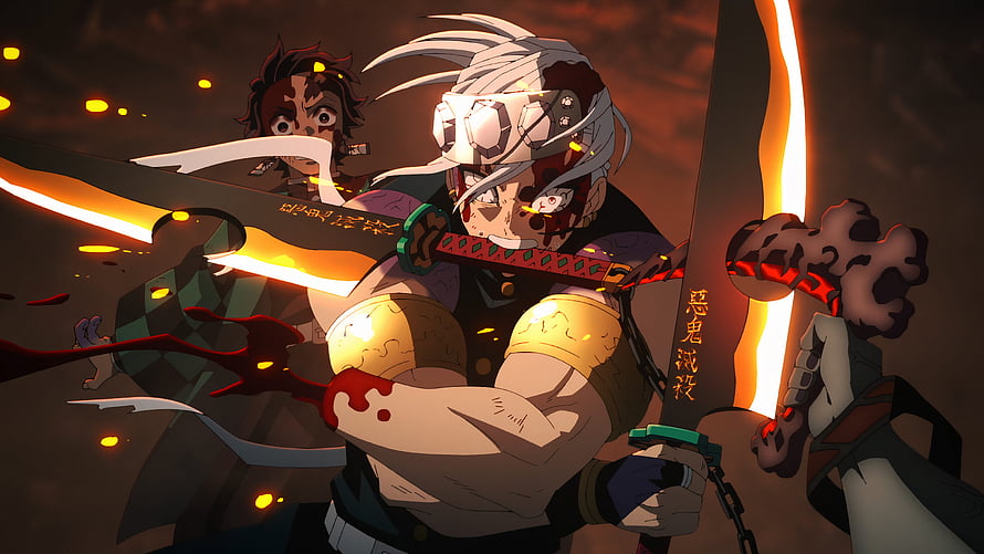 Tengen Uzui and Tanjiro Kamado Battle Demon in Demon Slayer Anime Scene HD wallpaper