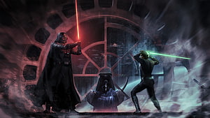 Luke Skywalker and Darth Vader duel with lightsabers before Emperor Palpatin in a dark industrial setting HD wallpaper