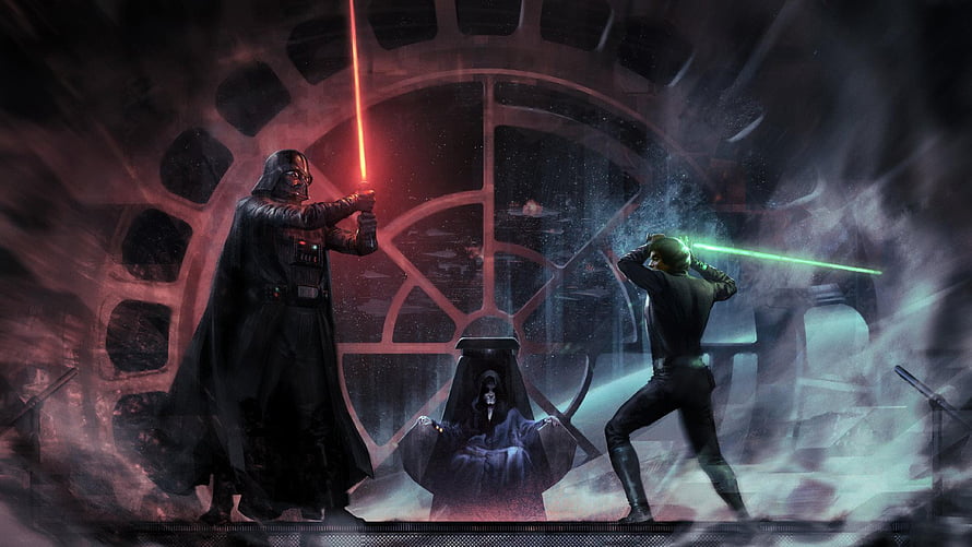 Luke Skywalker and Darth Vader duel with lightsabers before Emperor Palpatin in a dark industrial setting HD wallpaper