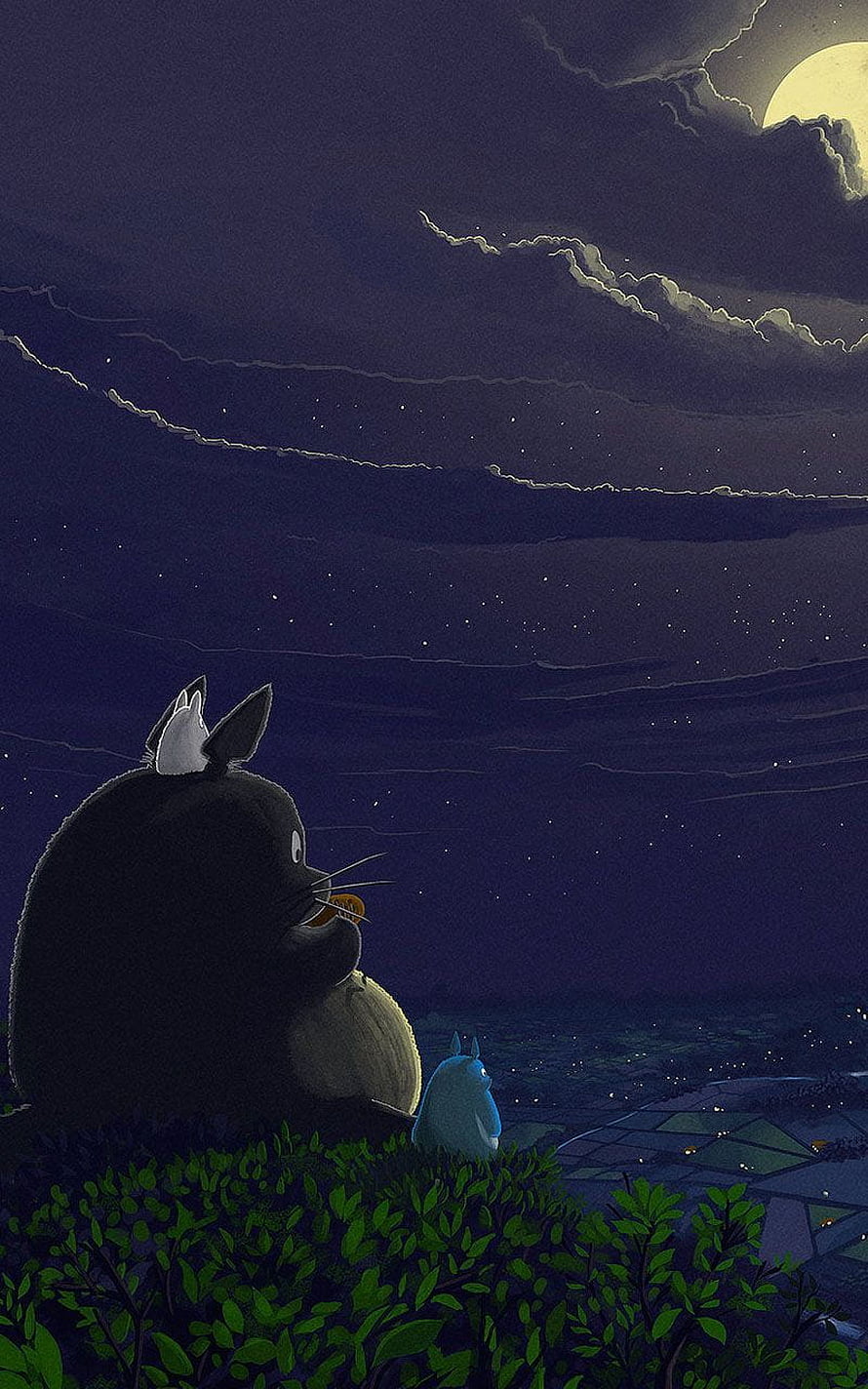 Totoro and Chibi Totoro Gazing at the Moonlit Night Sky Over a Quiet Village HD phone wallpaper