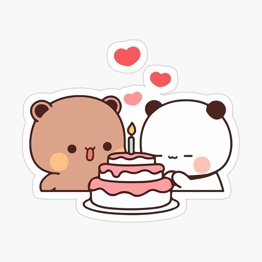 Cute Brown Bear and White Bear Celebrating Birthday with Pink Cake and Hearts HD phone wallpaper