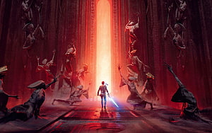 Star Wars Jedi: Fallen Order Concept Art of Cal Kestis in a Red Temple HD wallpaper