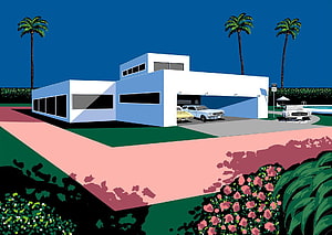 Hiroshi Nagai Retro Futuristic Mansion with Classic Cars and Palm Trees HD wallpaper