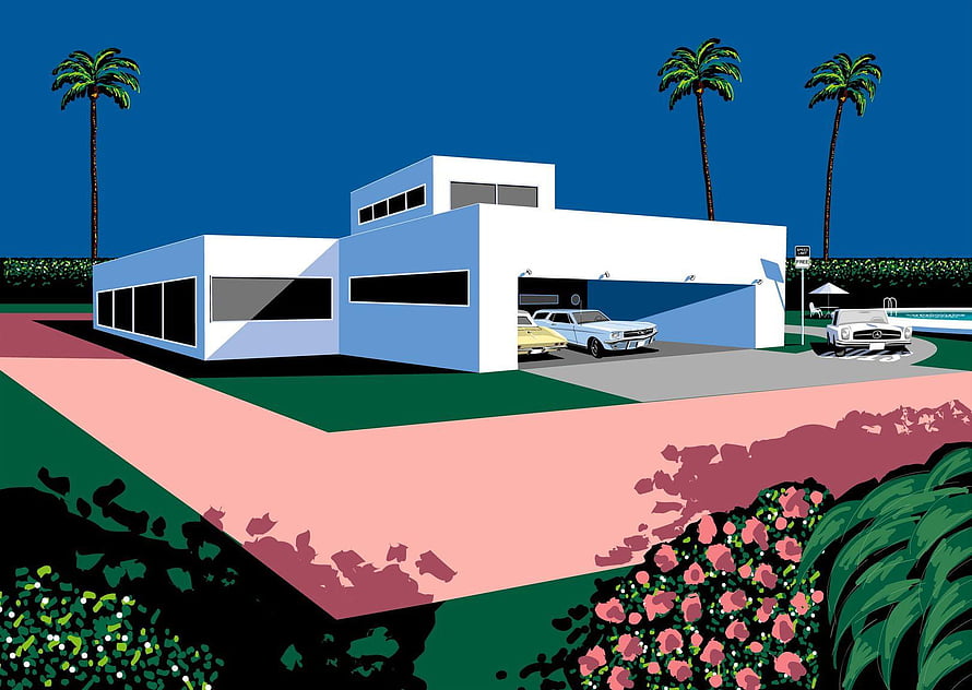Hiroshi Nagai Retro Futuristic Mansion with Classic Cars and Palm Trees HD wallpaper
