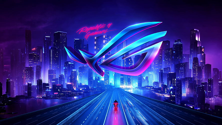 Asus ROG Cyberpunk Cityscape with Neon Highway and Futuristic Skyline HD wallpaper