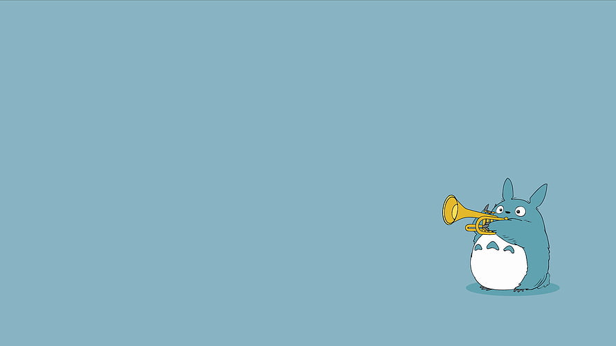 Minimalist Totoro Playing Trumpet on Solid Blue Background HD wallpaper
