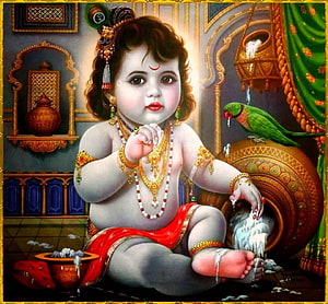 Baby Krishna stealing butter from a pot with a green parrot companion in traditional Indian art style HD wallpaper