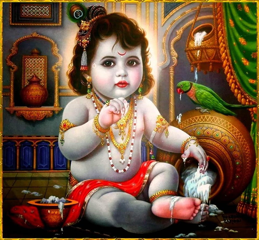 Baby Krishna stealing butter from a pot with a green parrot companion in traditional Indian art style HD wallpaper