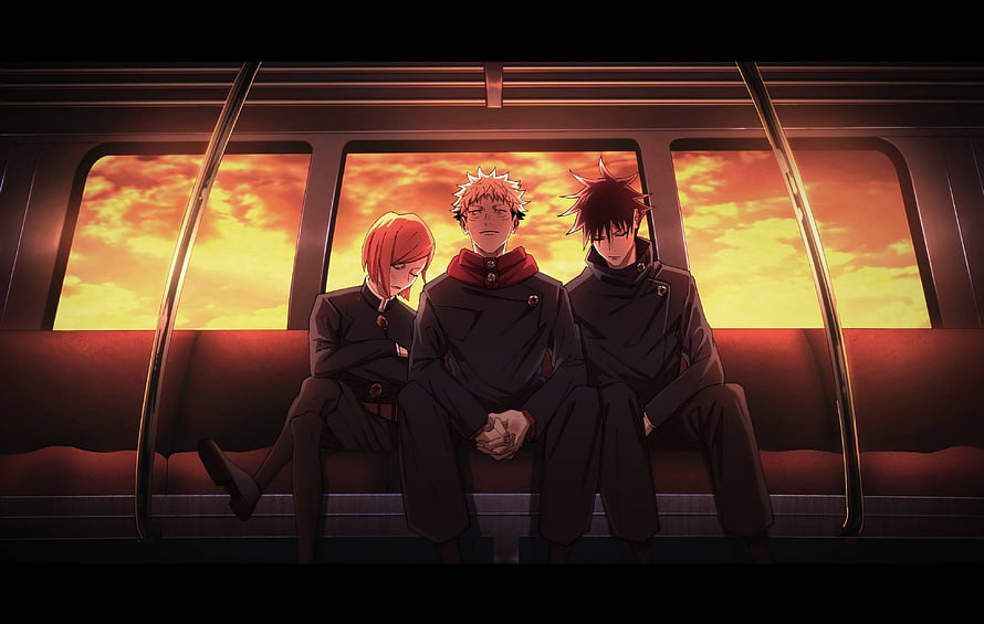 Jujutsu Kaisen Characters Riding a Train at Sunset in Dark Uniforms HD wallpaper