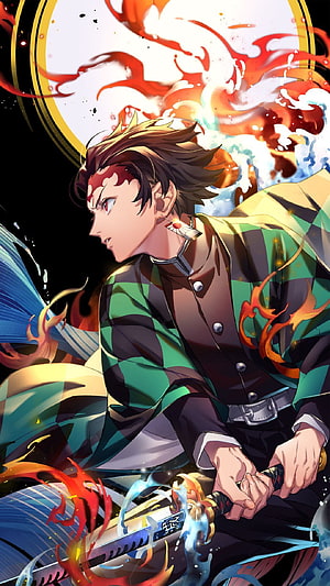 Tanjiro Kamado from Demon Slayer Wielding Flame and Water Breathing Techniques HD phone wallpaper