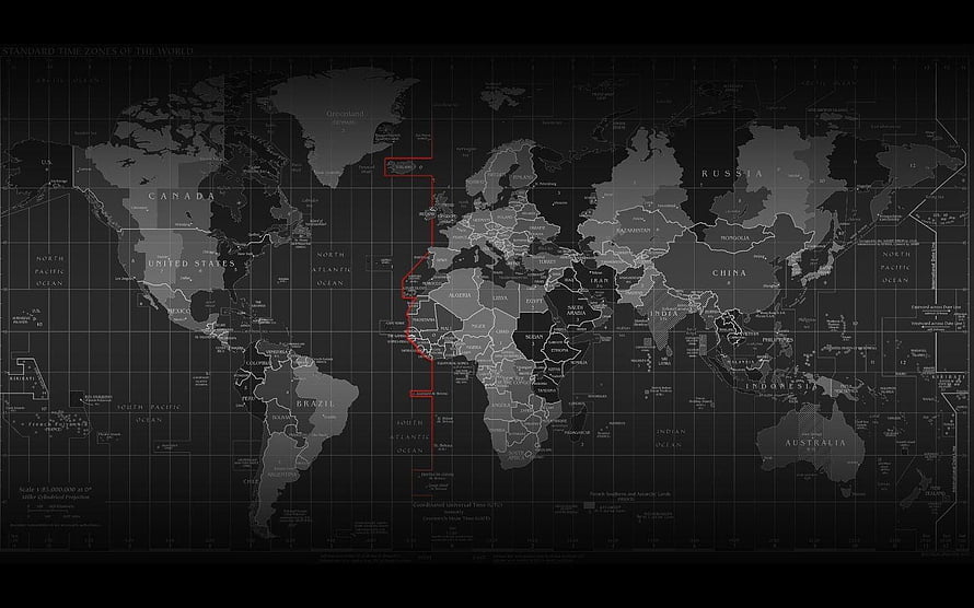 Dark World Map With Time Zones And Red Route Line HD wallpaper