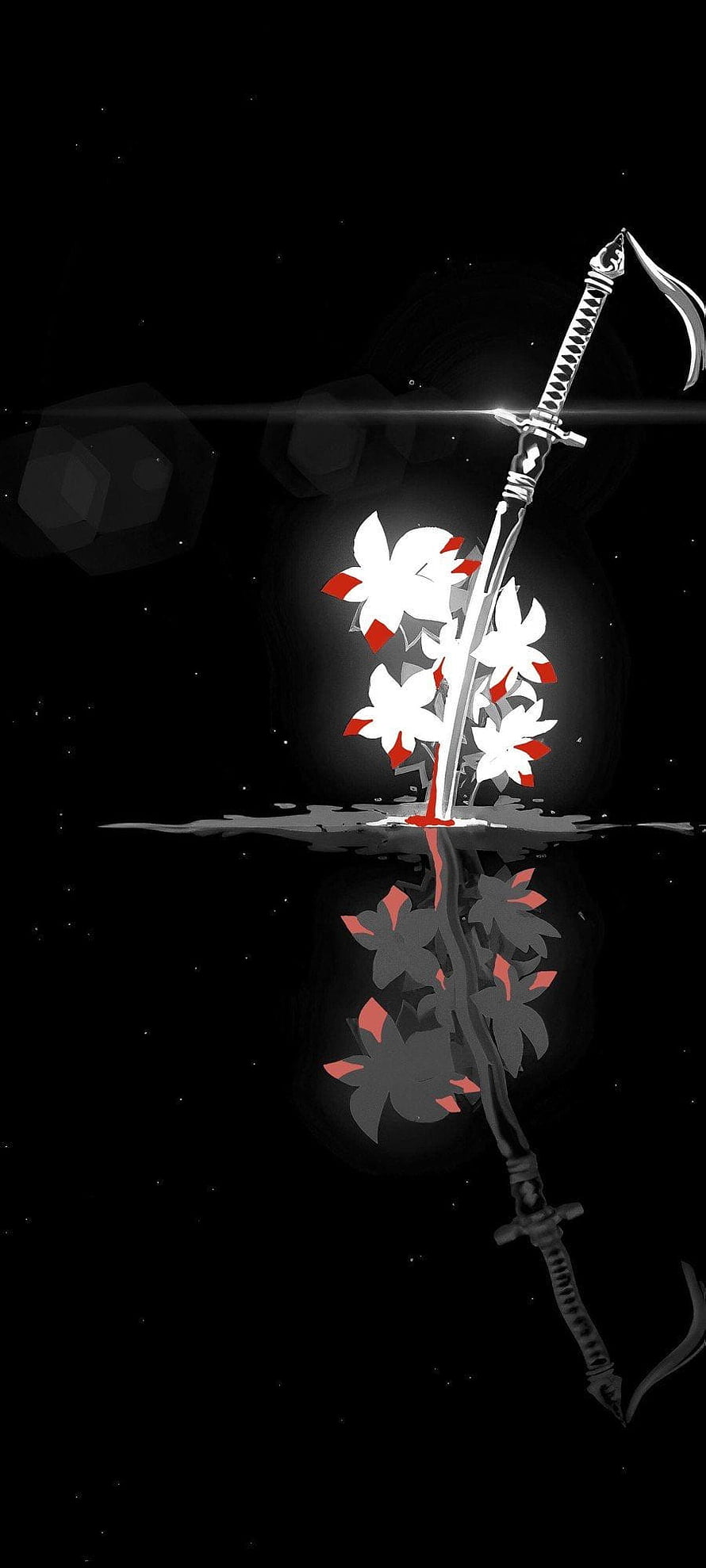 Katana Sword with Cherry Blossoms and Water Reflection on Black Background HD phone wallpaper