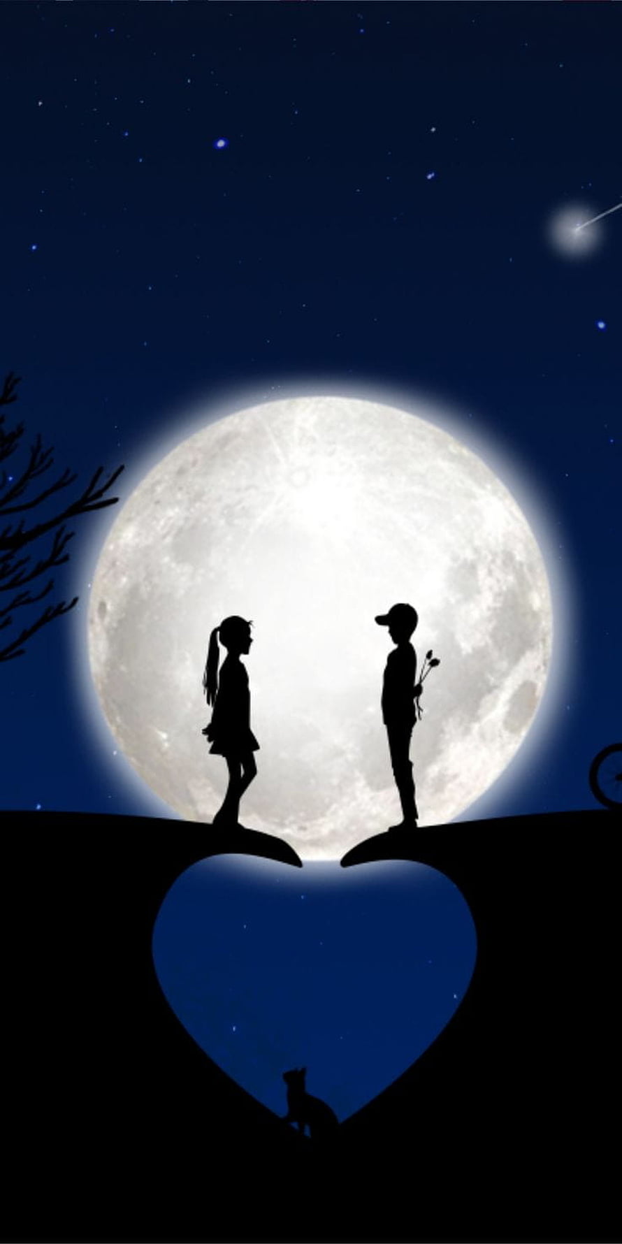 Romantic Couple Silhouettes Under a Full Moon with Heart Shape and Cat HD phone wallpaper