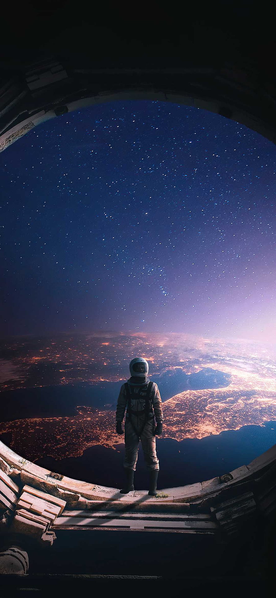 Astronaut Standing in Space Station Window Overlooking Earth at Night HD phone wallpaper