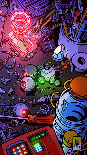 Neon Cyberpunk Robot Workshop Illustration with Glowing Gadgets and Sci-Fi Tools HD phone wallpaper
