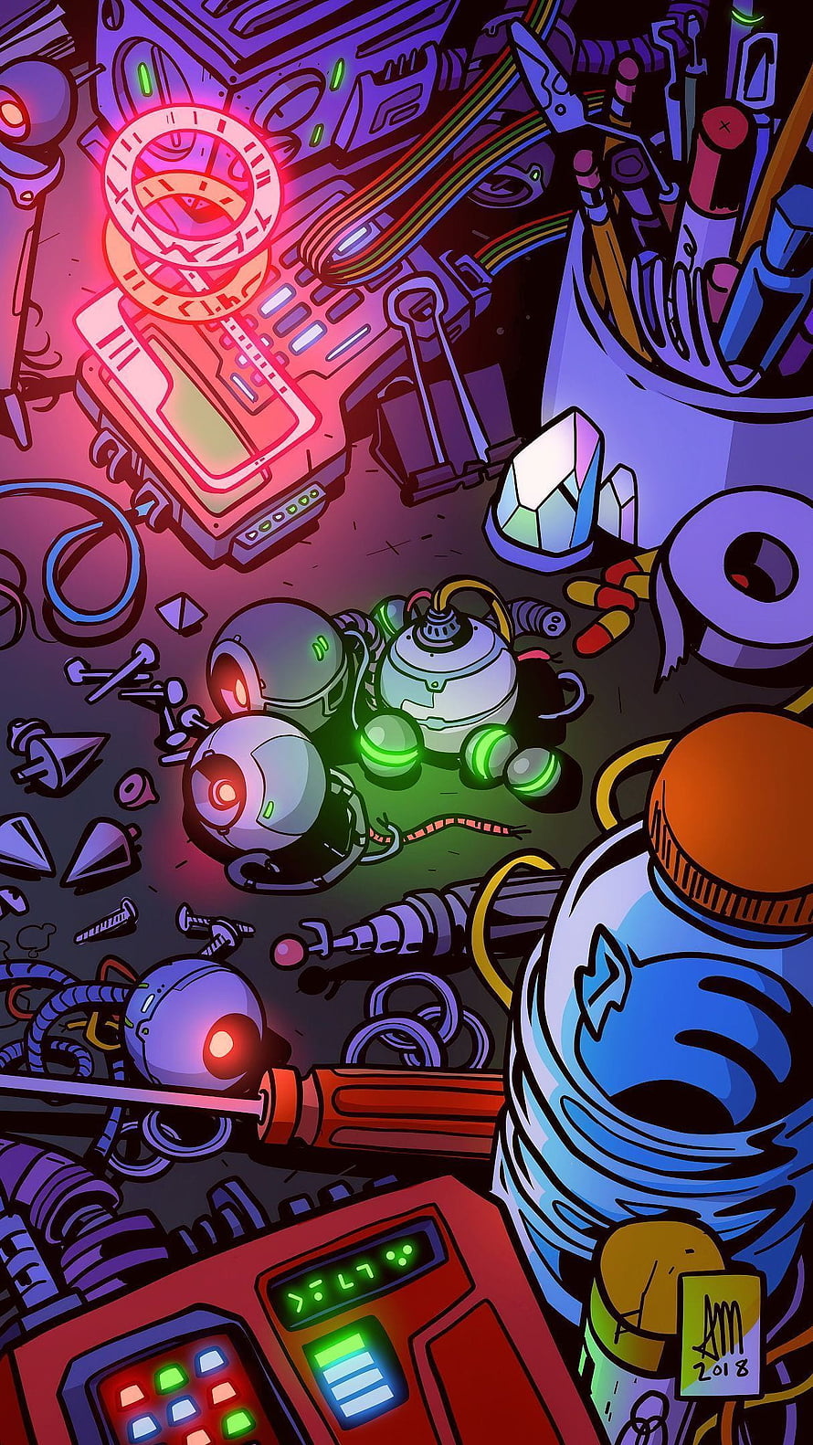 Neon Cyberpunk Robot Workshop Illustration with Glowing Gadgets and Sci-Fi Tools HD phone wallpaper