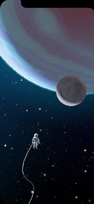 Pixel Art Astronaut Floating in Space with Giant Planet and Moon Background HD phone wallpaper