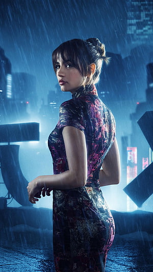 Ana de Armas as Joi in Blade Runner 2049 wearing a floral dress in the rain HD phone wallpaper