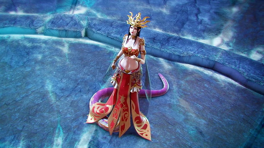 Cai Lin Queen Medusa in ornate red and gold armor with a purple serpent tail on a blue stone arena floor HD wallpaper