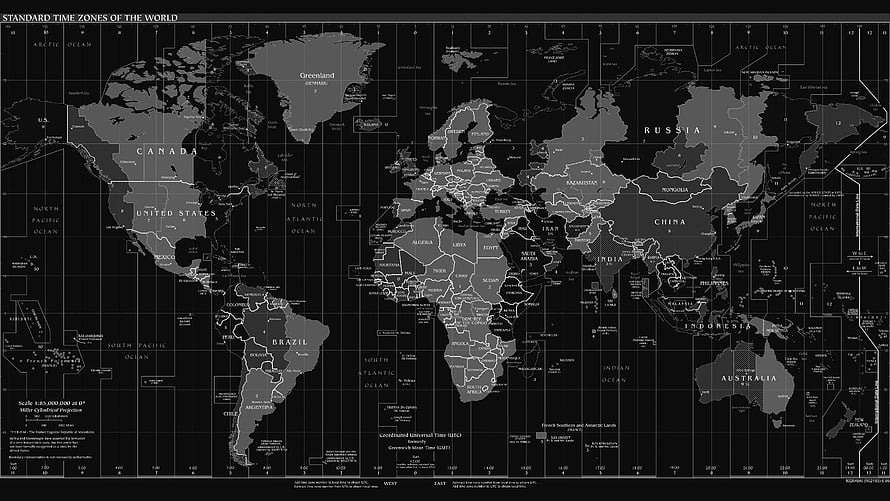 Black and White World Map Showing Standard Time Zones and Countries HD wallpaper