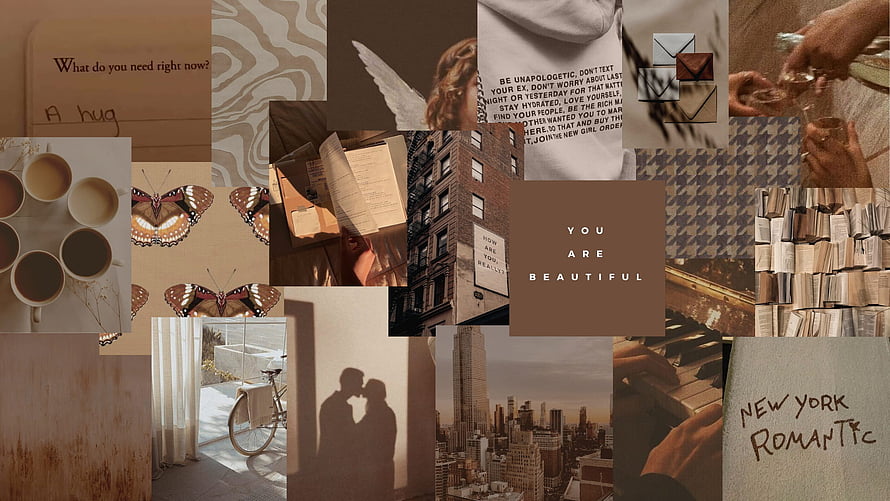 Warm Neutral Aesthetic Collage Featuring New York City, Coffee, and Romantic Elements HD wallpaper