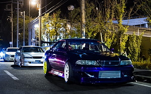 Toyota Mark 2 JDM Tuning Car Night Street Scene with Custom Wheels and Underglow HD wallpaper