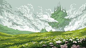 Pixel Art Green Valley With Distant Castle And Cloudy Sky HD wallpaper