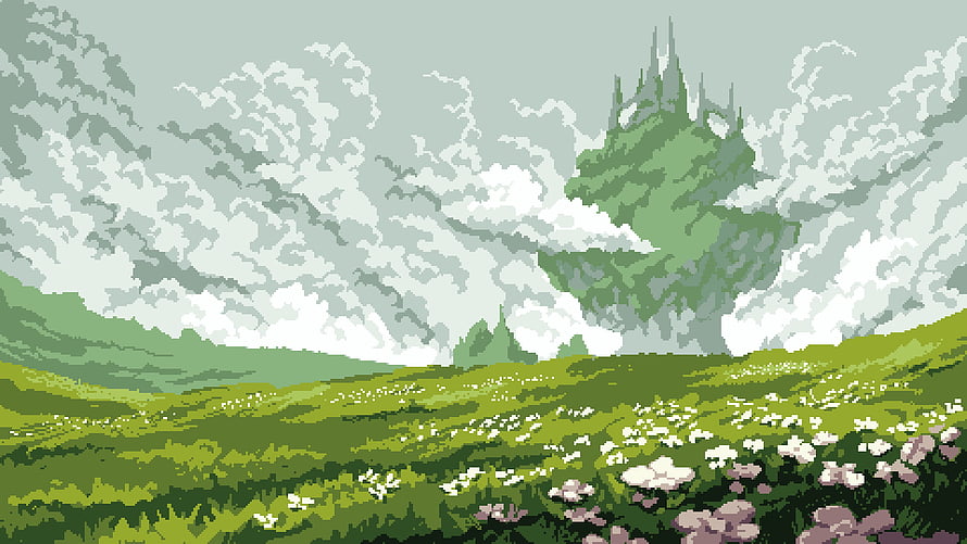 Pixel Art Green Valley With Distant Castle And Cloudy Sky HD wallpaper