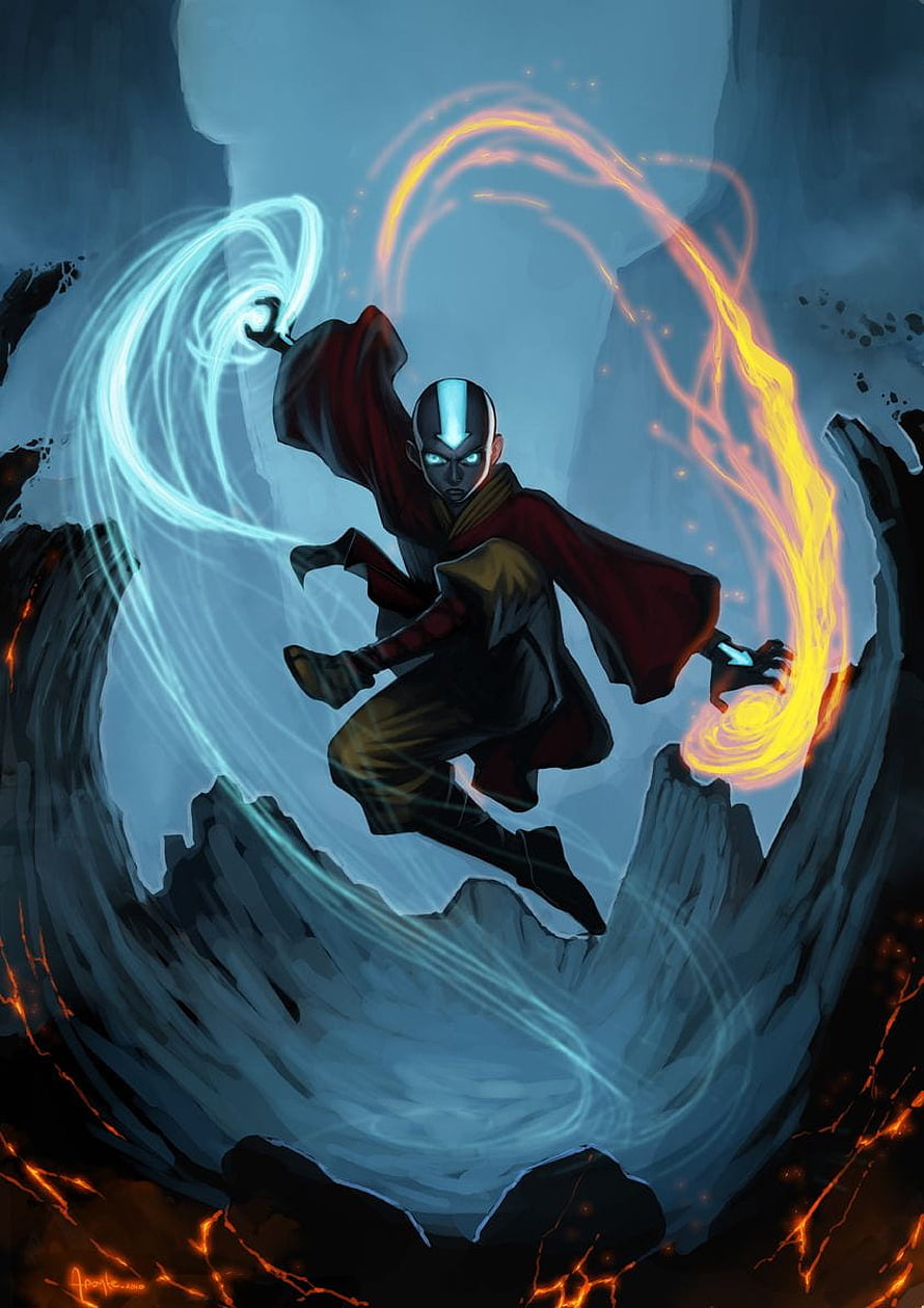 Aang from Avatar The Last Airbender wielding water and fire bending in a dramatic dark landscape HD phone wallpaper