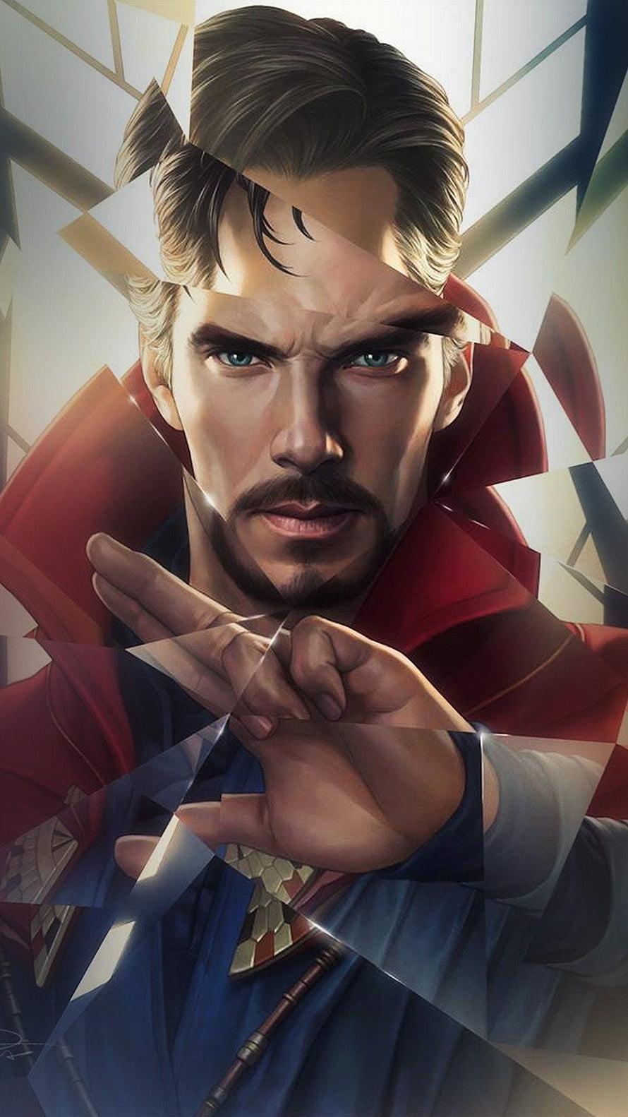 Doctor Strange Shattered Glass Portrait with Mystical Hand Gesture and Red Cloak HD phone wallpaper