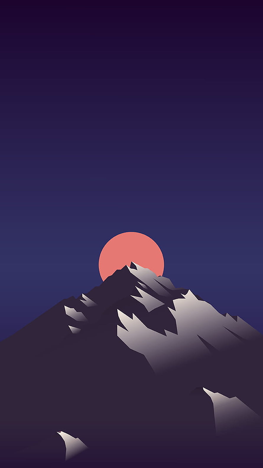 Minimalist Vector Art of a Purple Mountain Peak with a Setting Orange Sun HD phone wallpaper