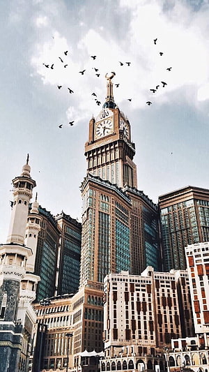 Makkah Clock Tower Rising Above the Skyline with Flock of Birds in Flight HD phone wallpaper