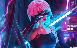 Cyberpunk 2077 Character in Neon-Lit Cityscape with Futuristic Sunglasses HD wallpaper
