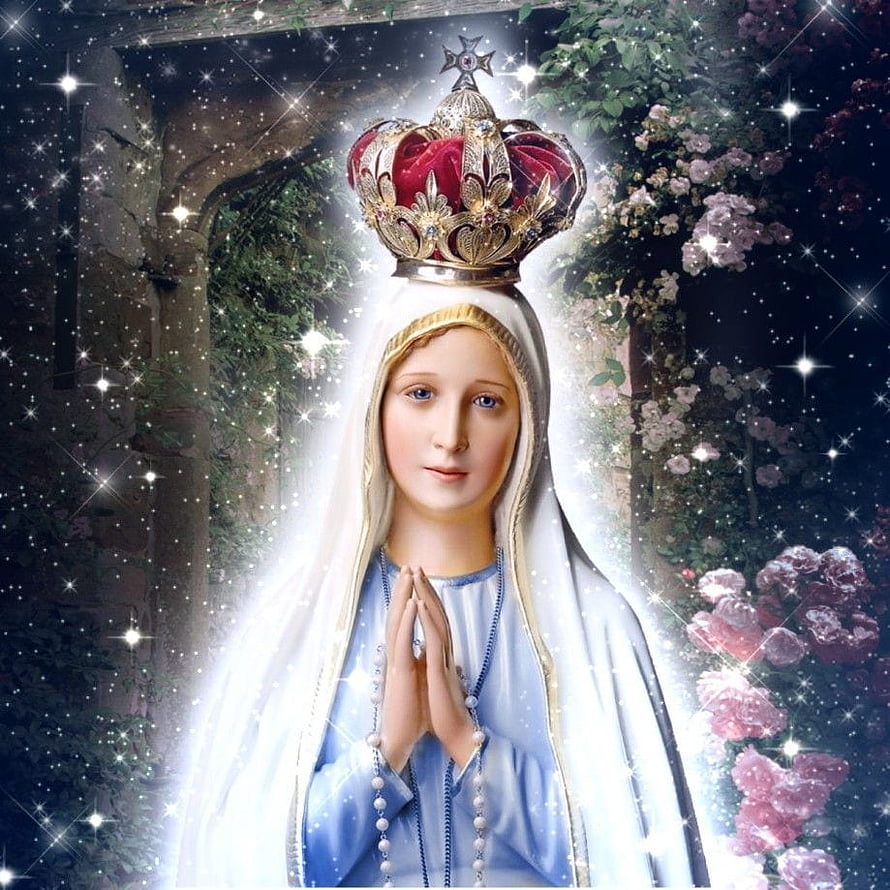 Our Lady of Fatima wearing a golden crown and blue robe with hands in prayer surrounded by glowing stars and roses HD phone wallpaper
