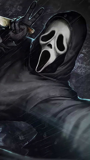 Ghostface from Scream in a dark hooded cloak holding a knife in the rain HD phone wallpaper
