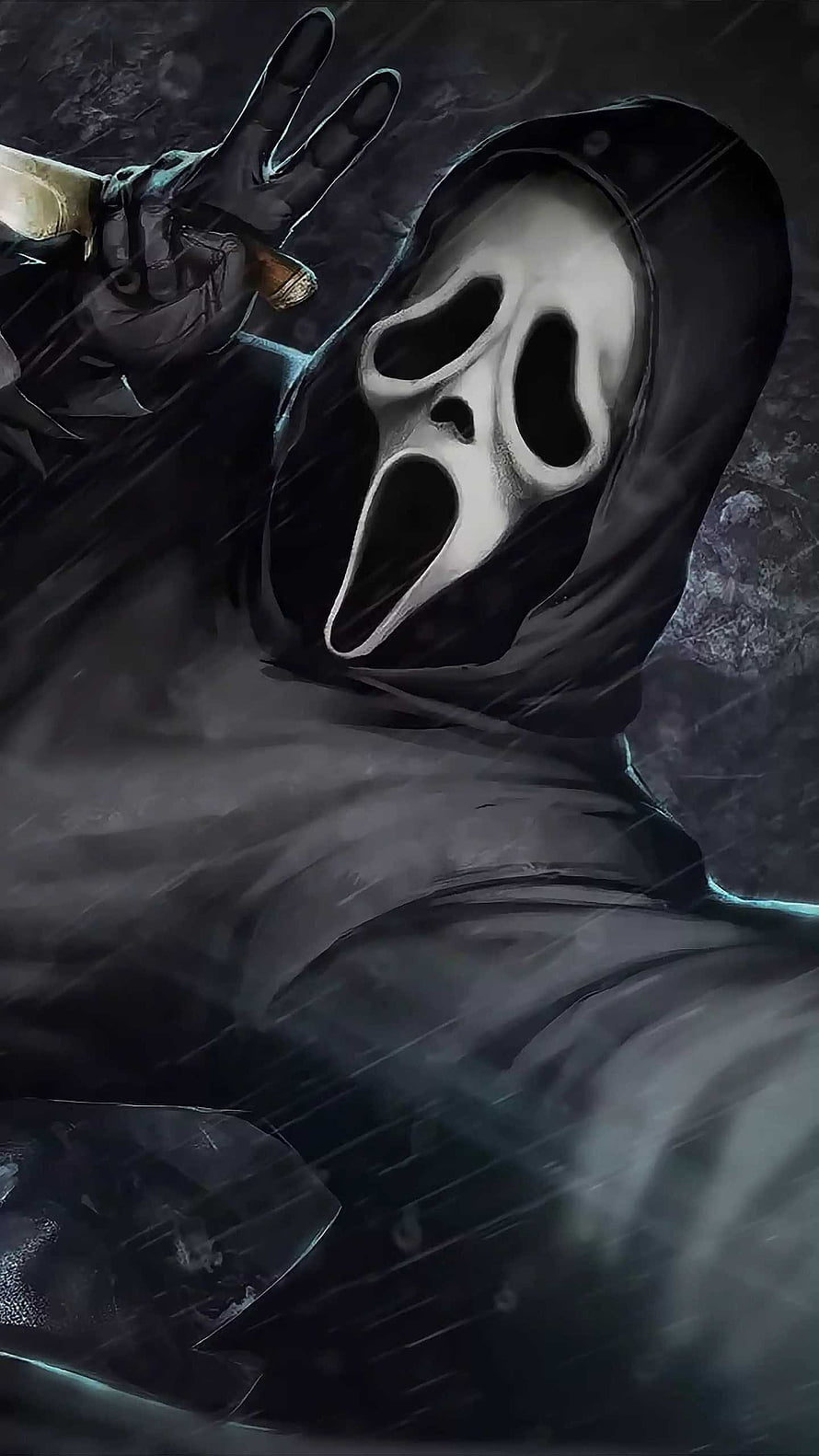 Ghostface from Scream in a dark hooded cloak holding a knife in the rain HD phone wallpaper