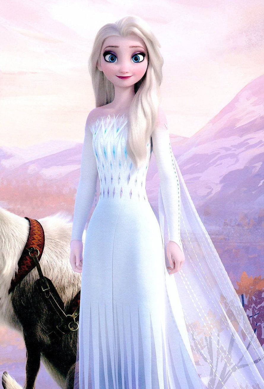 Elsa in White Gown with Sven from Frozen 2 in Snowy Mountain Landscape HD phone wallpaper