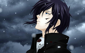 Anime Male Character with Dark Hair and Blue Eyes in Snowy Storm HD wallpaper