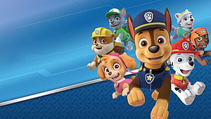 PAW Patrol Team Running Together on Blue Background HD wallpaper
