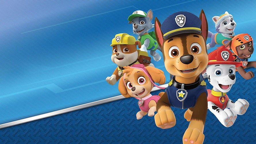 PAW Patrol Team Running Together on Blue Background HD wallpaper