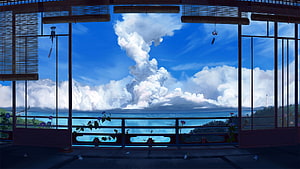 Anime Style Japanese Balcony View With Giant Clouds Over The Ocean HD wallpaper