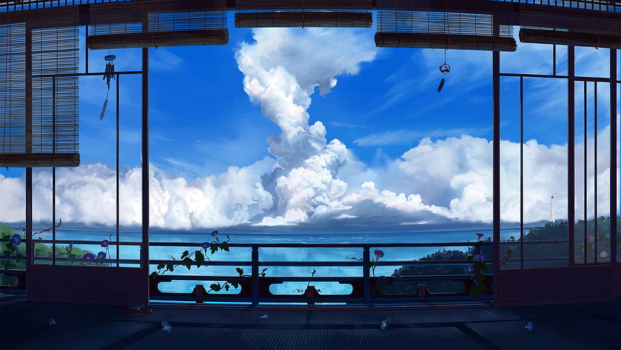 Anime Style Japanese Balcony View With Giant Clouds Over The Ocean HD wallpaper