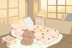 Cozy Bedroom Illustration With Sleeping Bear And Cherry Pattern Blanket HD wallpaper