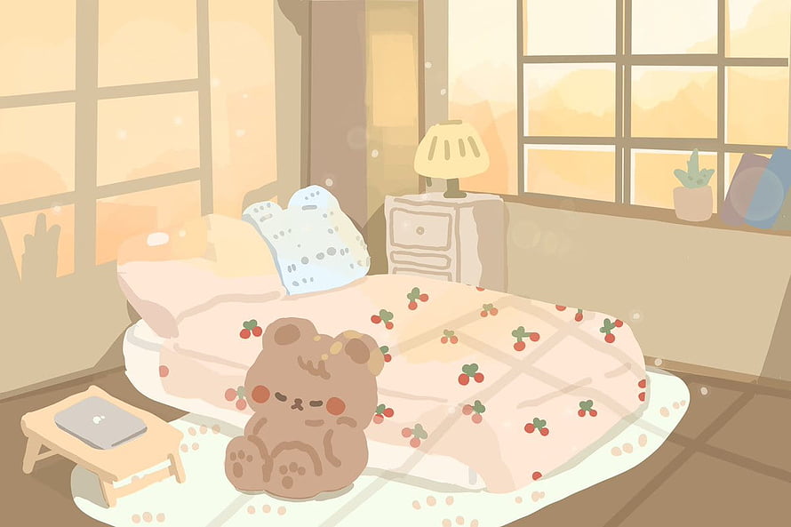 Cozy Bedroom Illustration With Sleeping Bear And Cherry Pattern Blanket HD wallpaper