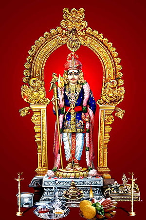 Lord Hanuman Standing with Mace and Dhwaja in Golden Archway Hindu Deity Wallpaper, Palani Murugan Raja Alankaram, pazhani murugan android HD phone wallpaper